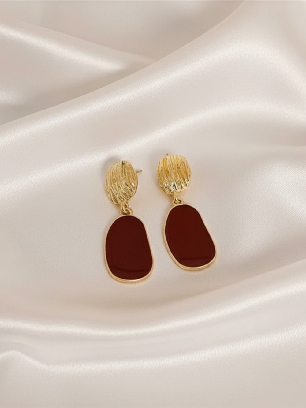 Gold Drop Earrings with Burgundy Resin Accents - 925 Silver Needle